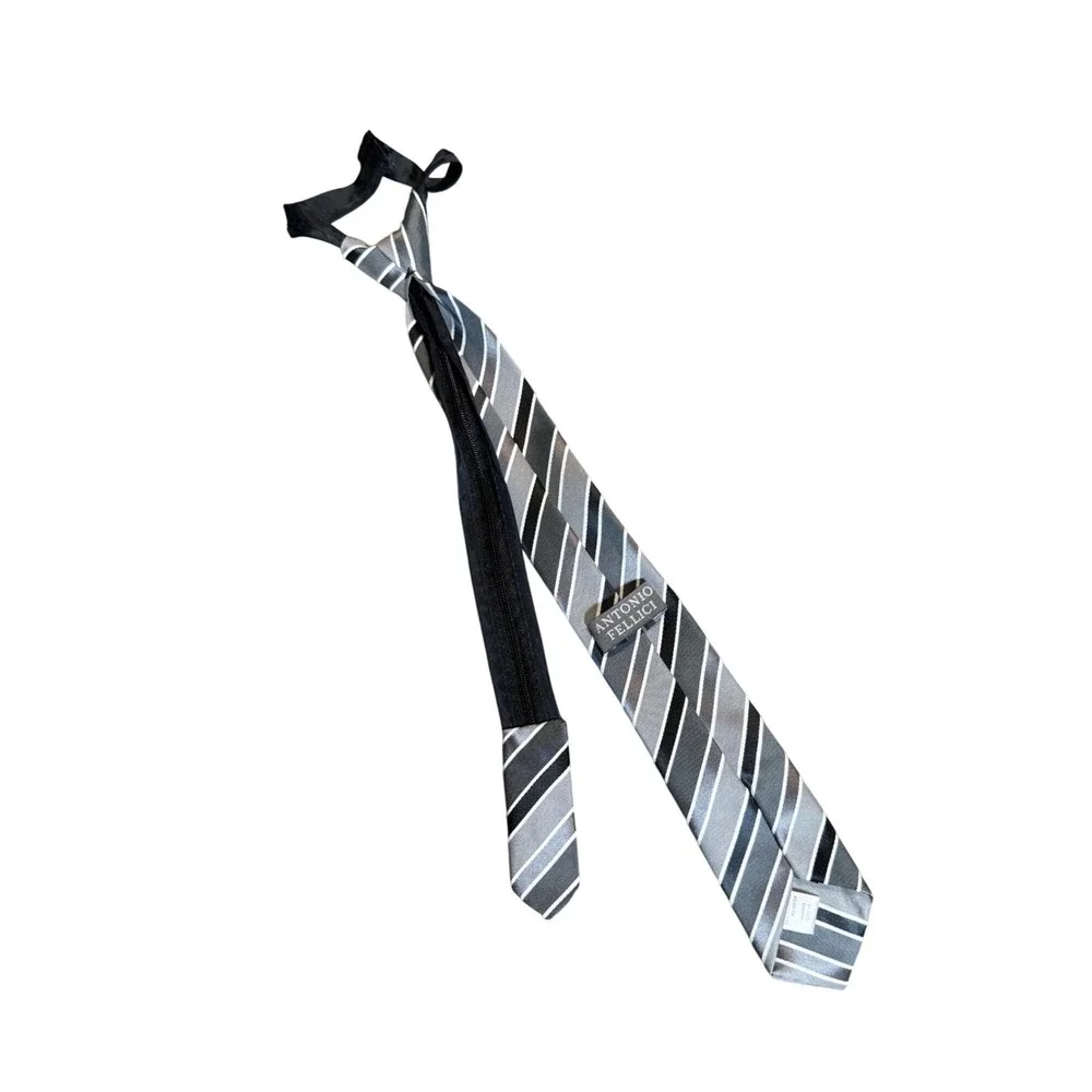 NWOT‎ Antonio Fellici Kid Boy Zip Tie Gray Blue Black Formal Holiday Stripe 16